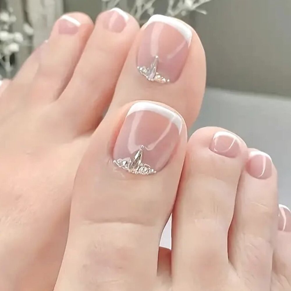 Nails French Manicure Fake Press On 24 Toenails Rhinestone Jewels Trendy Glam